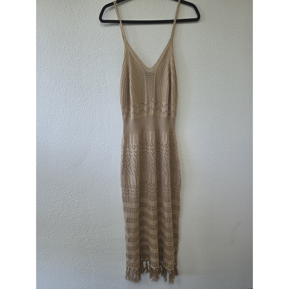 Almost Famous Midi Dress 1X Tan Geometric Sleeveless V-Neck Boho Crochet Gown